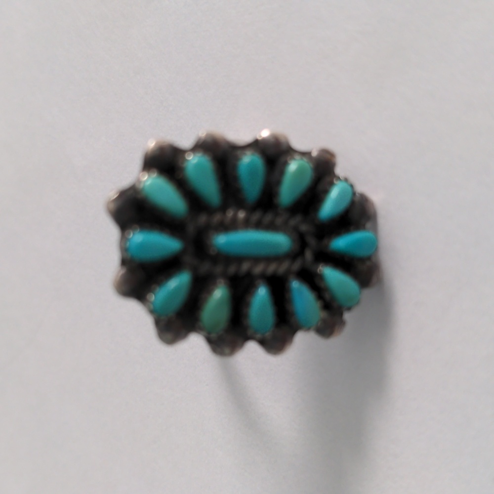 Vintage Native American Turquoise Sterling Silver Ring, Petit Point, Size 5, Box